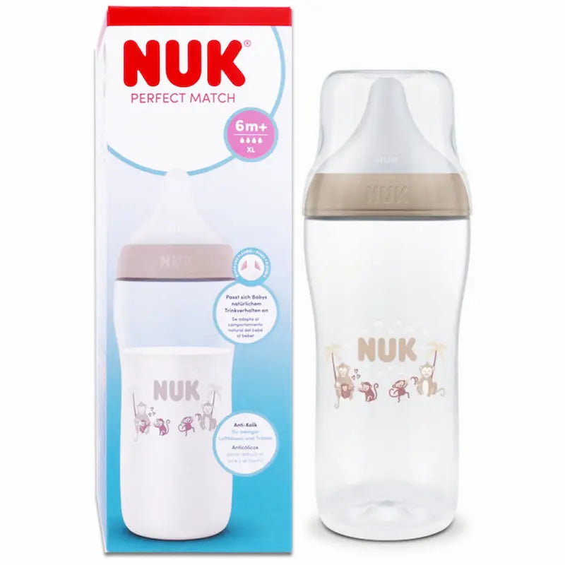 Biberon NUK Perfect Match 6m+ anti-colique avec tétine souple XL et motifs singes.