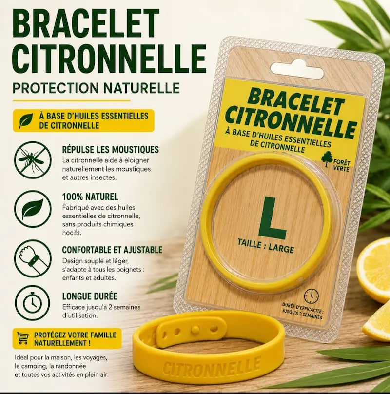 Bracelet anti-moustique jaune à la citronnelle Forêt Verte pour la protection naturelle de la famille au Maroc.