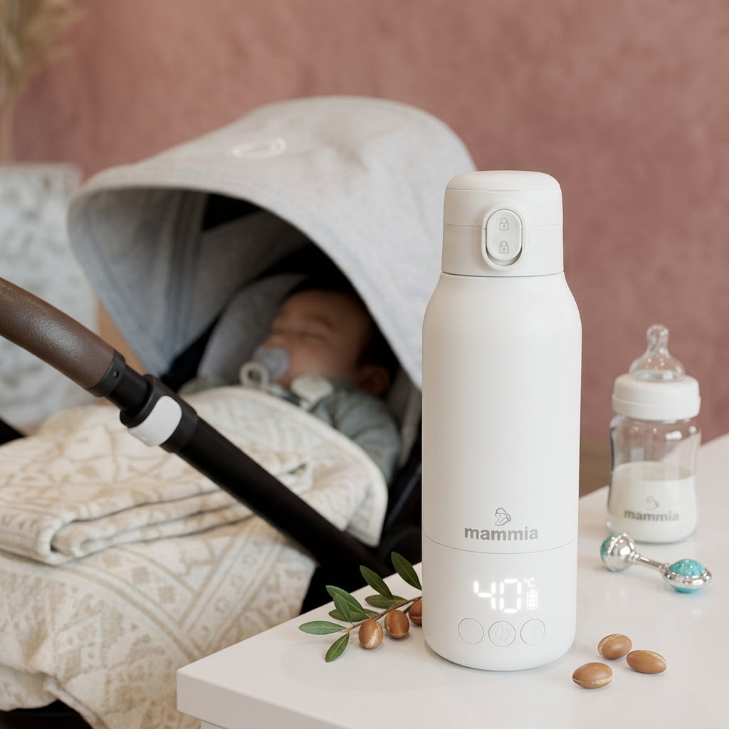 Chauffe biberon portable intelligent Mammia blanc avec affichage numérique de la température.