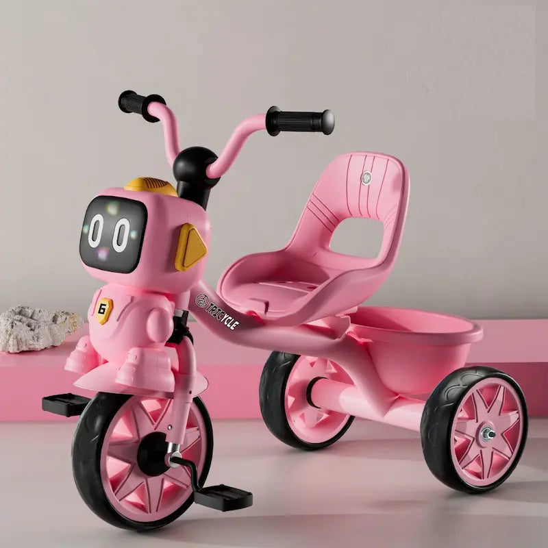 Tricycle enfant rose design robot avec panier arrière disponible sur neufmois.ma Maroc.