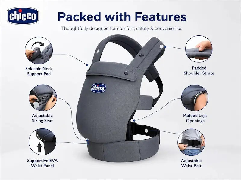 Une maman portant son nouveau-né dans le porte-bébé ergonomique Chicco gris avec soutien en position M et C.