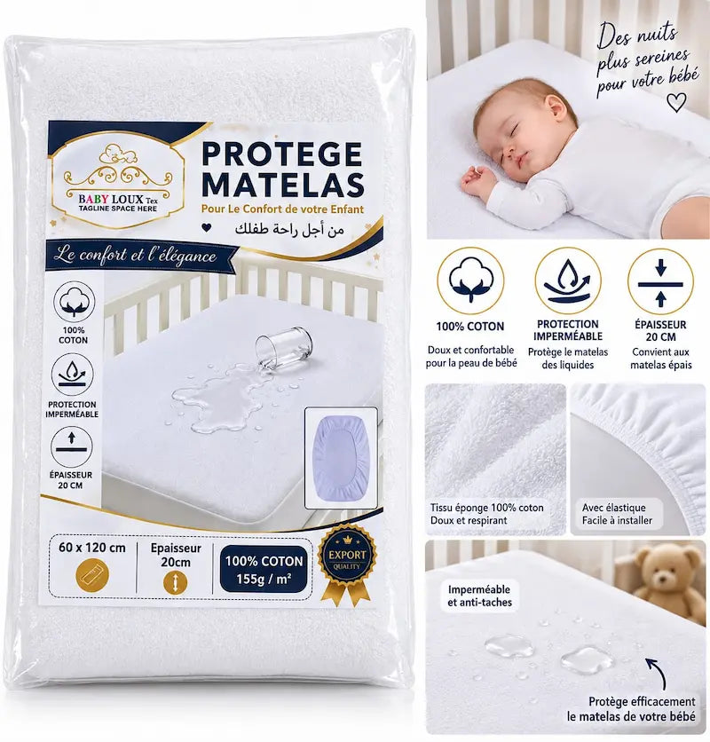 Protège-matelas bébé imperméable 60x120 cm en tissu éponge 100% coton Baby Loux Tex