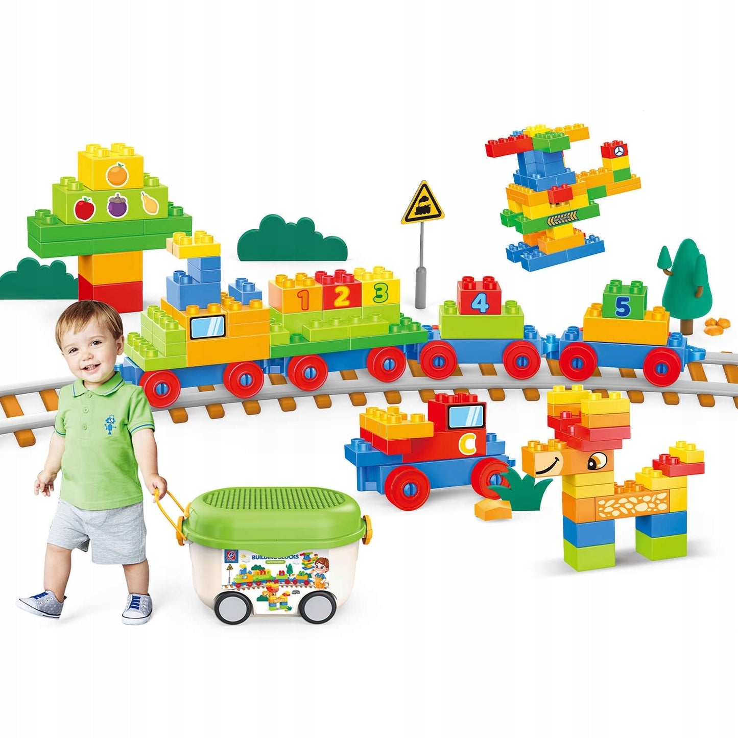 Kit Blocs de Construction 220 Pièces : Train, Nature et Chariot de Rangement Éducatif