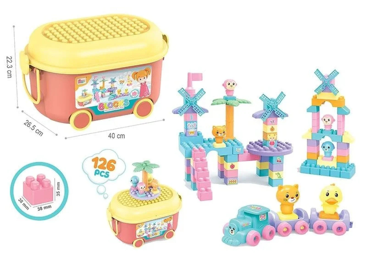 Kit Blocs de Construction 126 Pièces : Château Princesse, Train et Chariot de Rangement