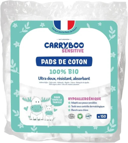 Carryboo Sensitive pads de coton 100% bio rectangles ultra doux et hypoallergéniques pour bébé Maroc.