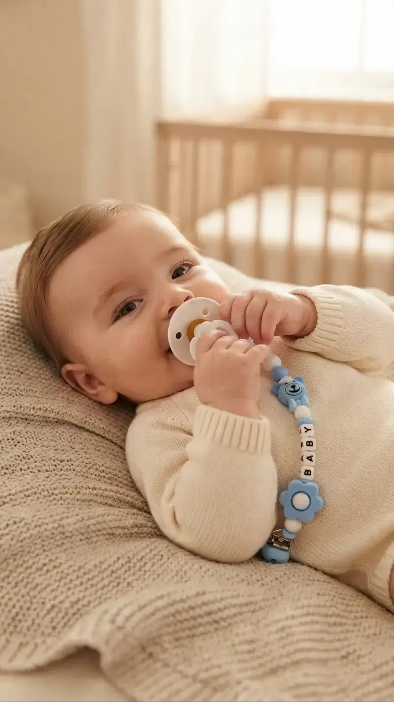 Attache-sucette en silicone motif ours JM Baby pour bébé.