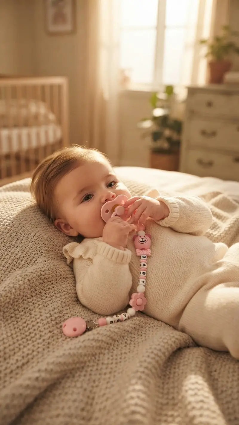 Attache-sucette en silicone motif ours JM Baby pour bébé.