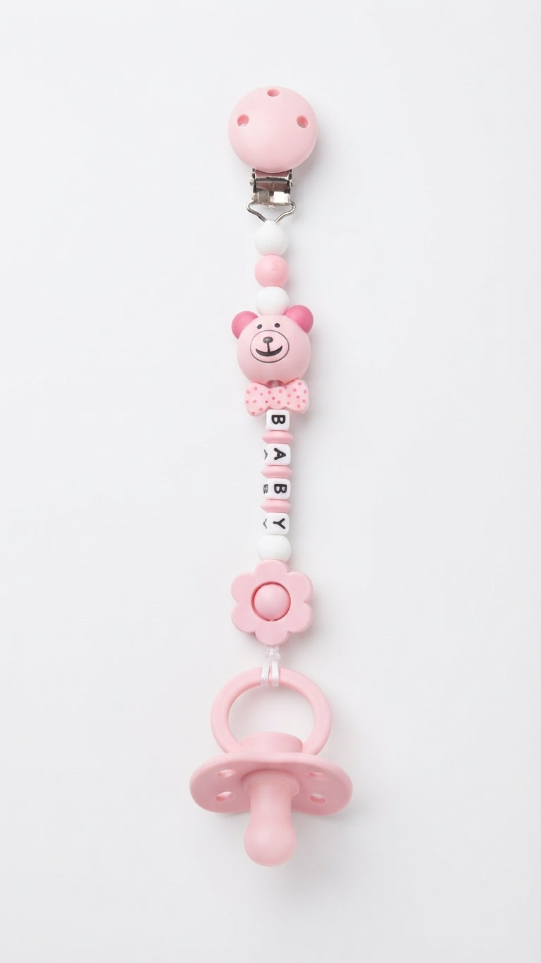 Attache-sucette en silicone motif ours JM Baby pour bébé.