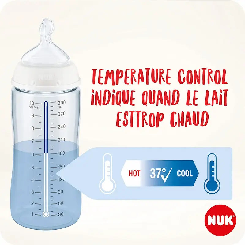 Biberon NUK First Choice+ 150ml 0-6m avec indicateur de température et système anti-colique.