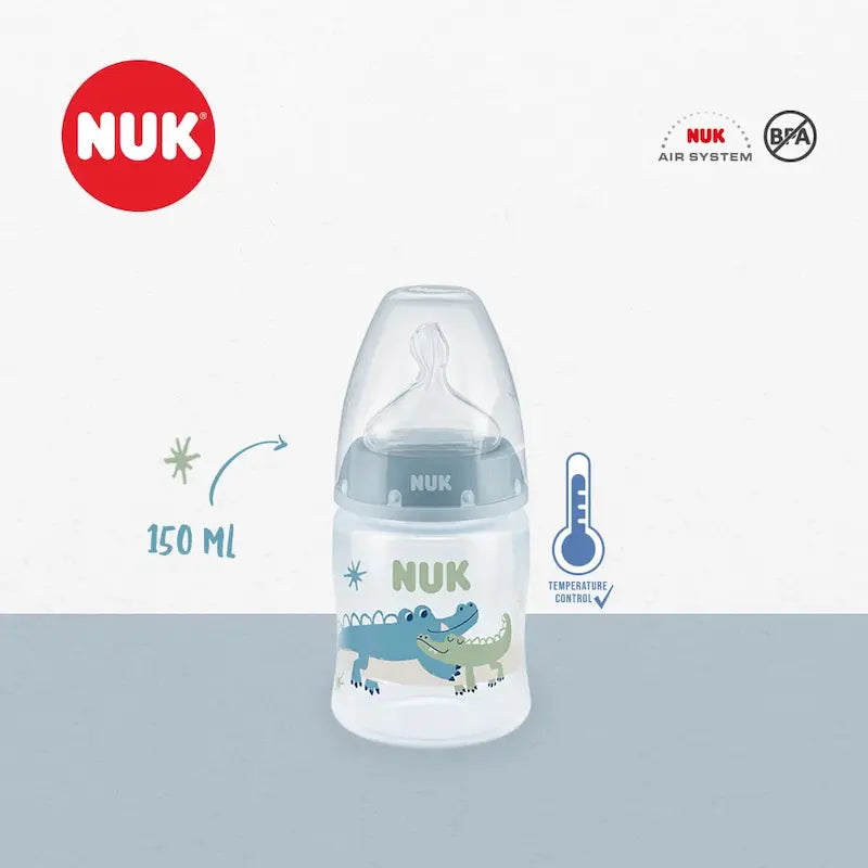 Biberon NUK First Choice+ 150ml 0-6m avec indicateur de température et système anti-colique.