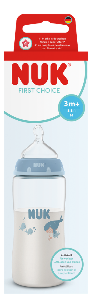 Biberon NUK First Choice 300ml 3m+ avec tétine en silicone et système anti-colique motif baleine