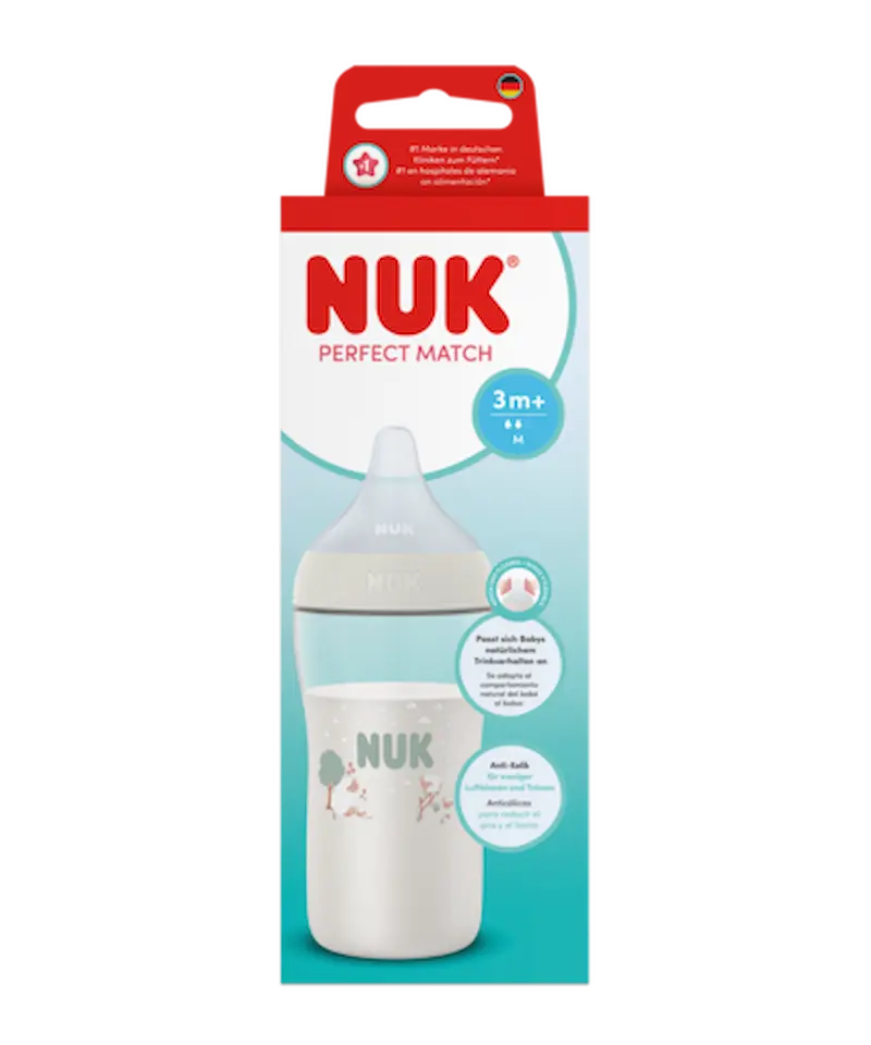 Biberon NUK Perfect Match 260ml 3m+ blanc avec motifs moutons tétine souple silicone anti-colique.