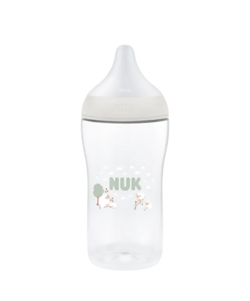 Biberon NUK Perfect Match 260ml 3m+ blanc avec motifs moutons tétine souple silicone anti-colique.
