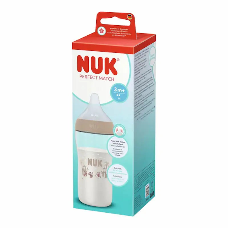 Biberon NUK Perfect Match 6m+ anti-colique avec tétine souple XL et motifs singes.