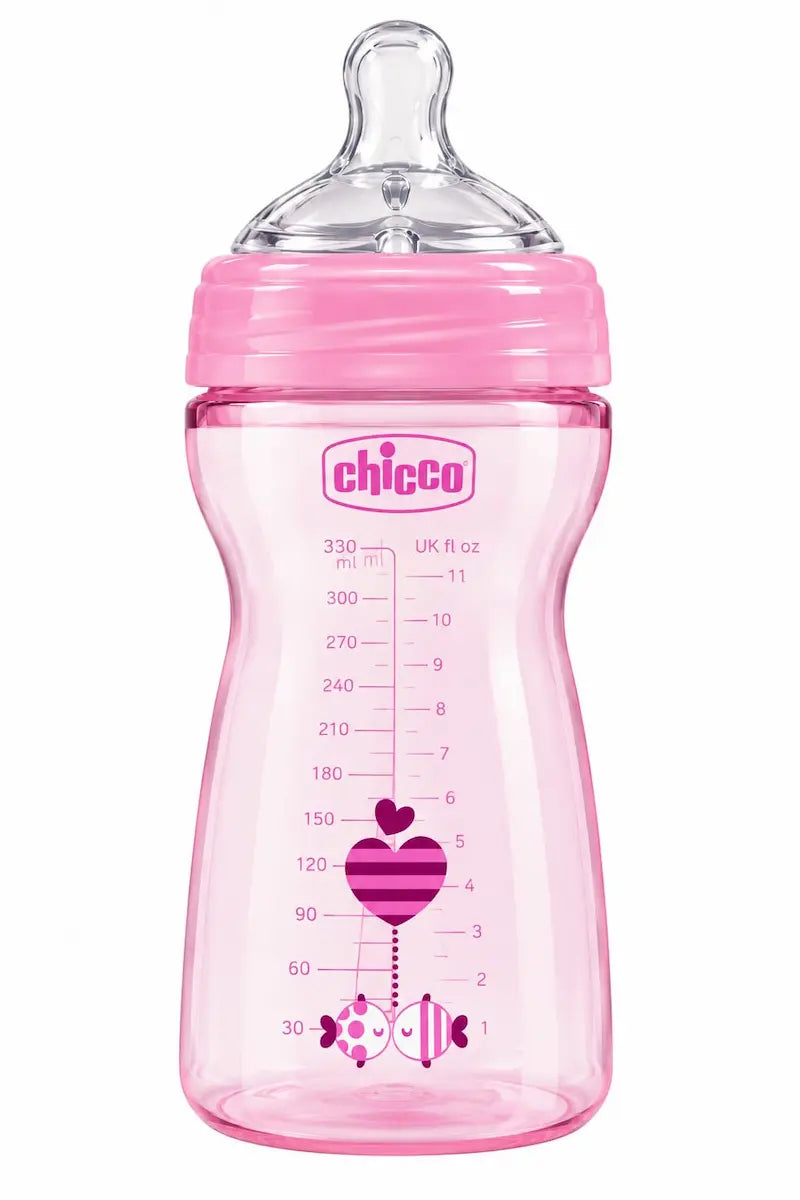 Biberon rose Chicco NaturalFeeling 330ml avec tétine silicone pour bébé 6m+