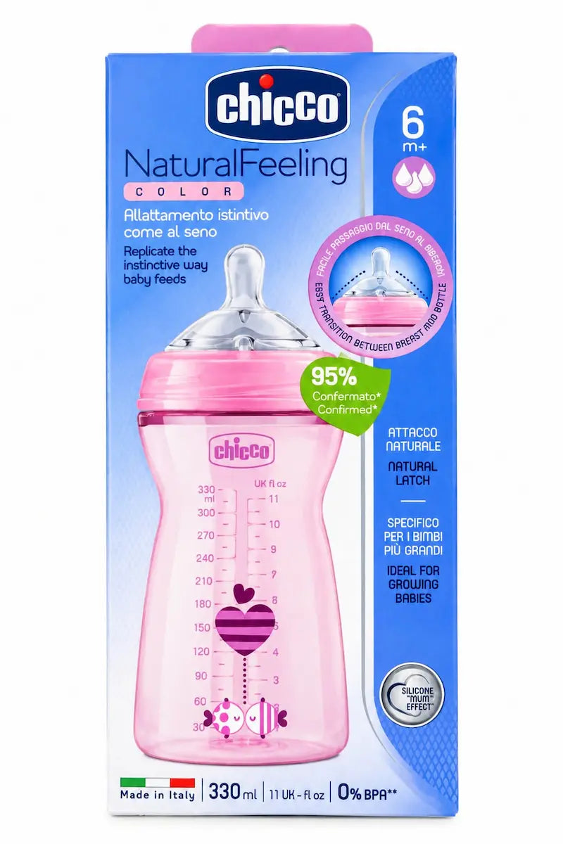 Biberon rose Chicco NaturalFeeling 330ml avec tétine silicone pour bébé 6m+