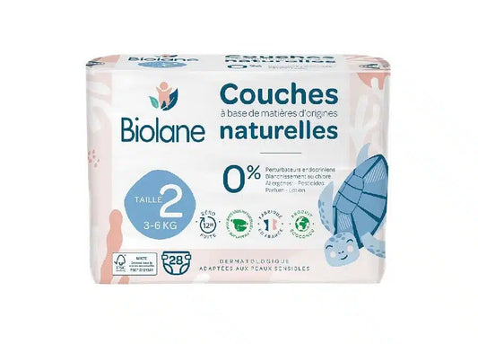 Couches écologiques Biolane Taille 2 absorption 12h pour peau sensible de bébé.