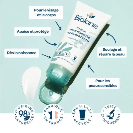 Crème nourrissante et hydratante Biolane pour bébé, soin visage et corps hypoallergénique 98% naturel fabriqué en France