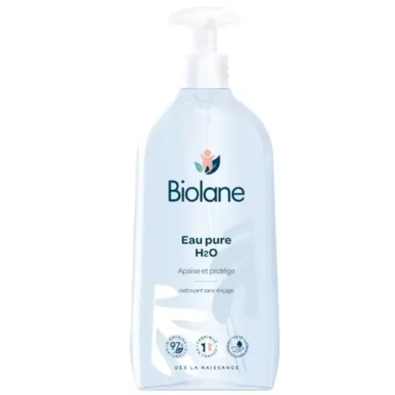 Eau pure H2O Biolane pour bébé, eau nettoyante sans rinçage et soin apaisant visage et corps fabriqué en France.