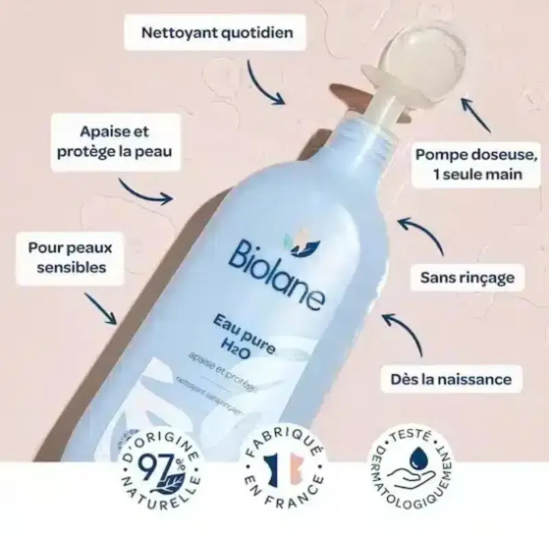 Eau pure H2O Biolane pour bébé, eau nettoyante sans rinçage et soin apaisant visage et corps fabriqué en France.