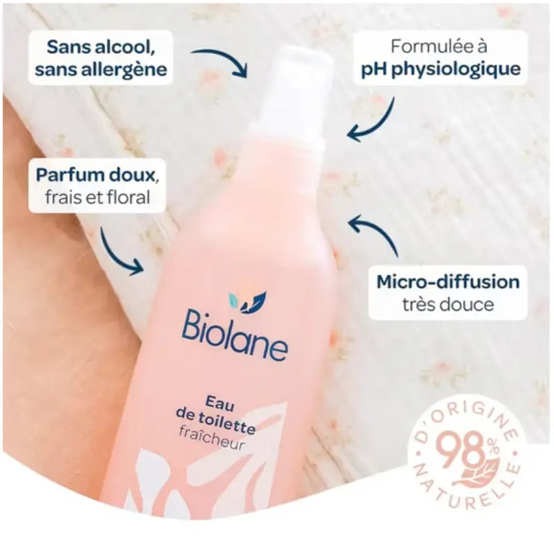 Eau de toilette fraîcheur Biolane 200ml pour bébé, parfum sans alcool doux et floral, brume micro-diffusion naturelle.
