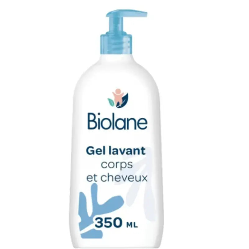 Gel lavant corps et cheveux Biolane 350ml pour bébé, soin douche et bain doux hypoallergénique.