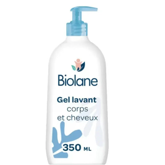 Gel lavant corps et cheveux Biolane 350ml pour bébé, soin douche et bain doux hypoallergénique.