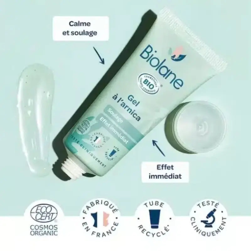 Gel à l'arnica Biolane certifié Bio pour bébé, soin apaisant petits bobos et coups format 20ml.