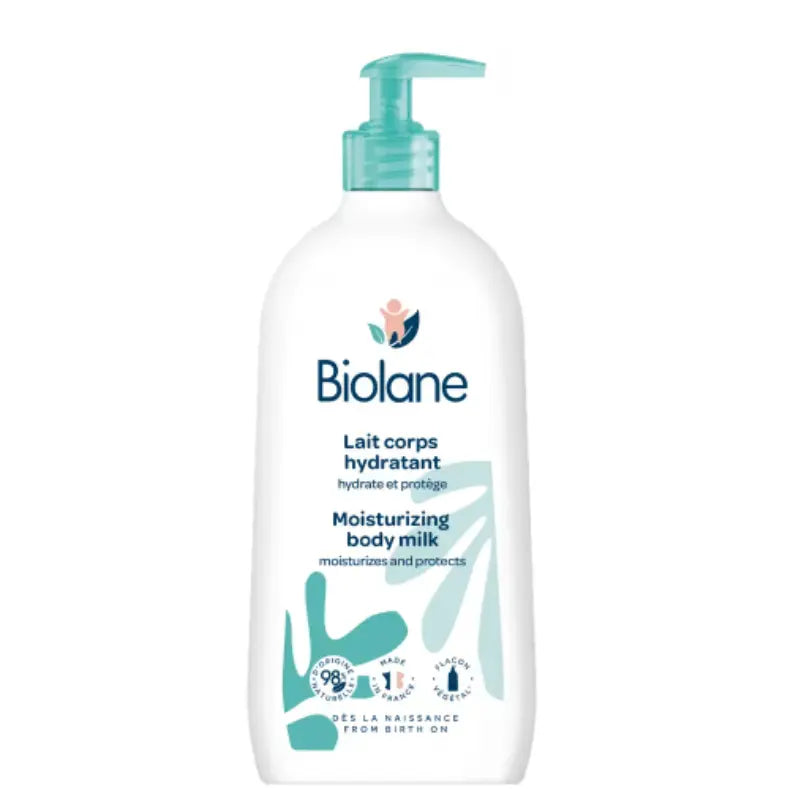 Lait corps hydratant Biolane pour bébé, soin nourrissant et protecteur pour la peau douce, fabriqué en France.