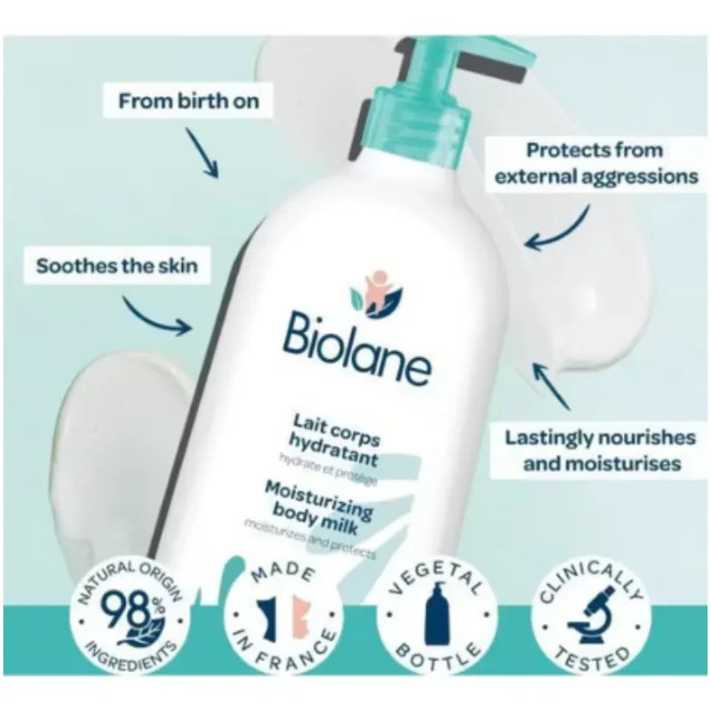 Lait corps hydratant Biolane pour bébé, soin nourrissant et protecteur pour la peau douce, fabriqué en France.