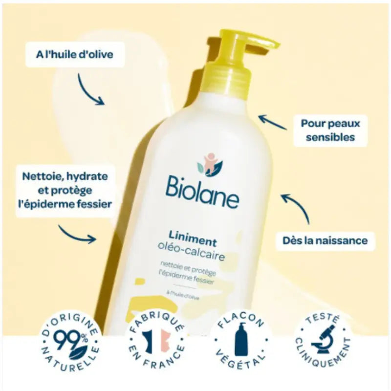 Liniment oléo-calcaire Biolane à l'huile d'olive pour bébé, soin nettoyant et protecteur fessier fabriqué en France.