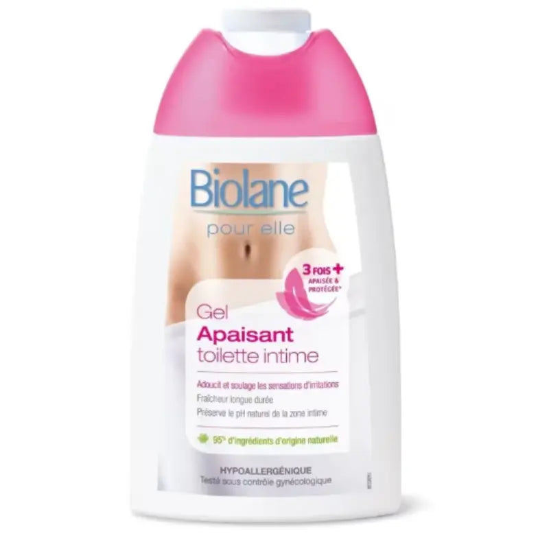 Gel apaisant toilette intime Biolane pour elle, soin lavant doux hypoallergénique pour femme et future maman.