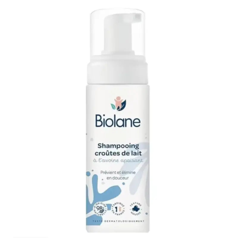 Shampooing croûtes de lait Biolane pour bébé, mousse lavante apaisante à l'avoine fabriquée en France.