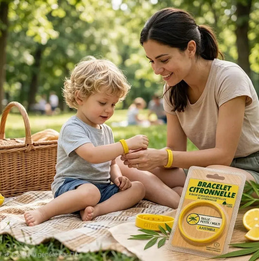 Bracelet anti-moustique jaune à la citronnelle Forêt Verte pour la protection naturelle de la famille au Maroc.