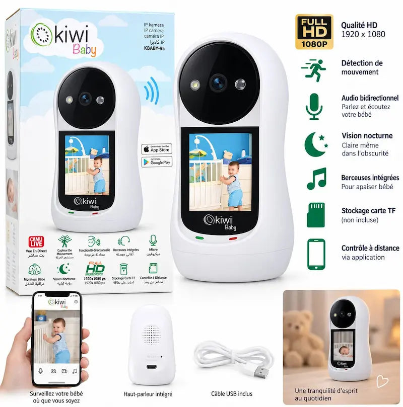 Caméra IP de surveillance bébé Kiwi Baby KBABY-95 Full HD avec écran et contrôle smartphone,