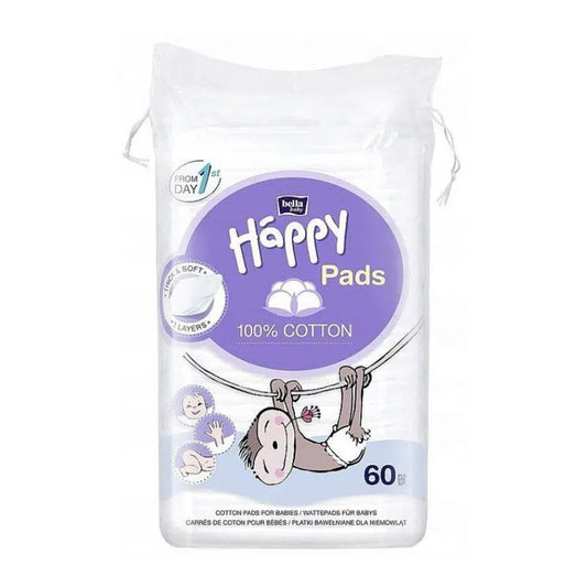 Paquet de carrés de coton Bella Baby Happy Pads 100% coton pour la toilette de bébé posé sur un plateau en bois au Maroc.