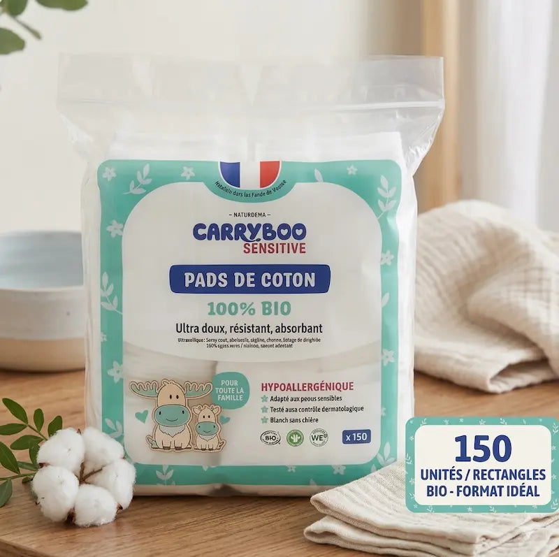 Carryboo Sensitive pads de coton 100% bio rectangles ultra doux et hypoallergéniques pour bébé Maroc.
