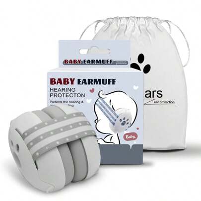 Casque anti-bruit bébé vert menthe avec bandeau élastique rayé et sa pochette de transport, montré avec sa boîte d'emballage d'origine.