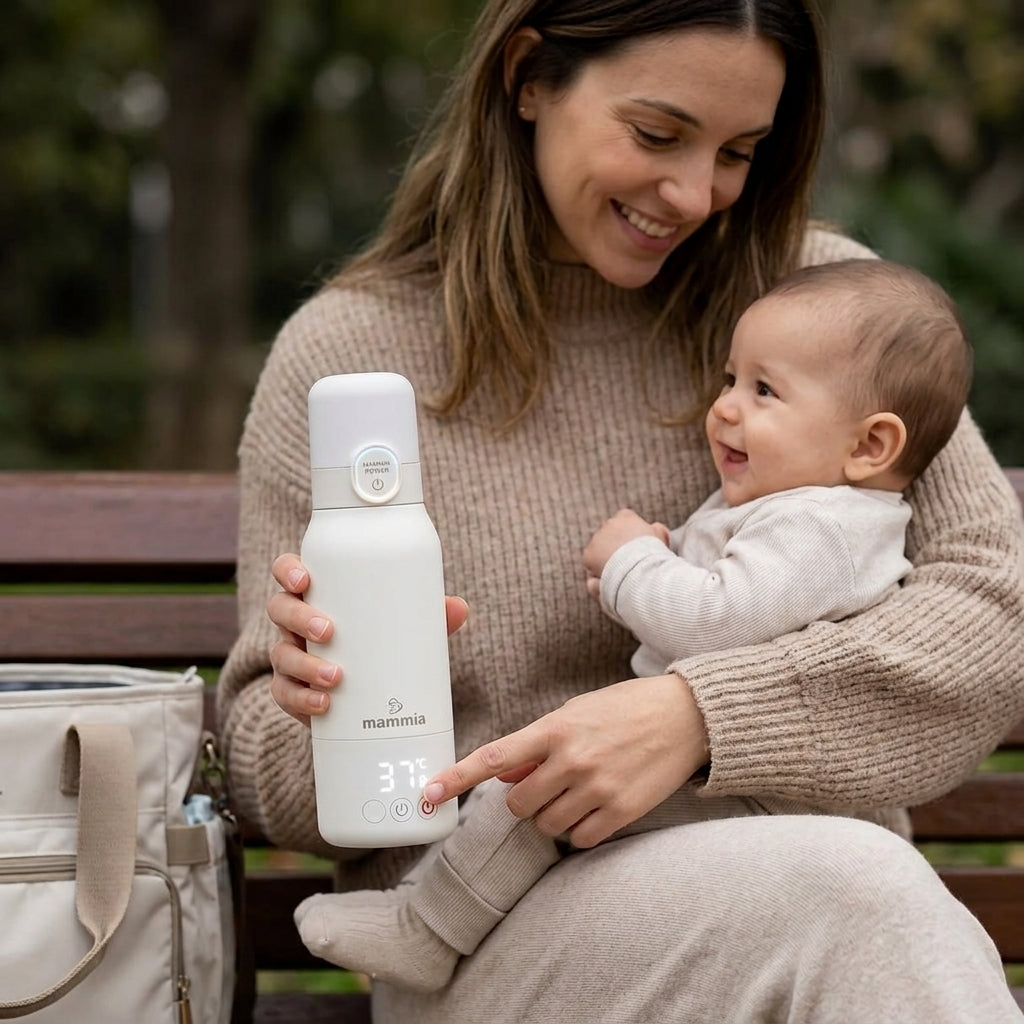 Chauffe biberon portable intelligent Mammia blanc avec affichage numérique de la température.