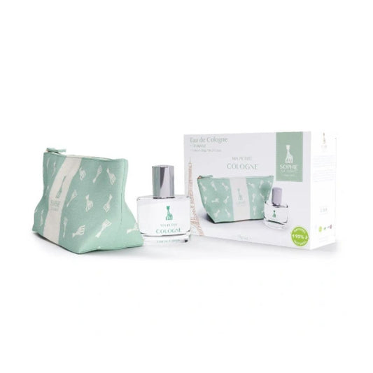 Coffret parfum bebe Sophie la Girafe contenant une eau de cologne et une trousse verte pour maman Maroc.