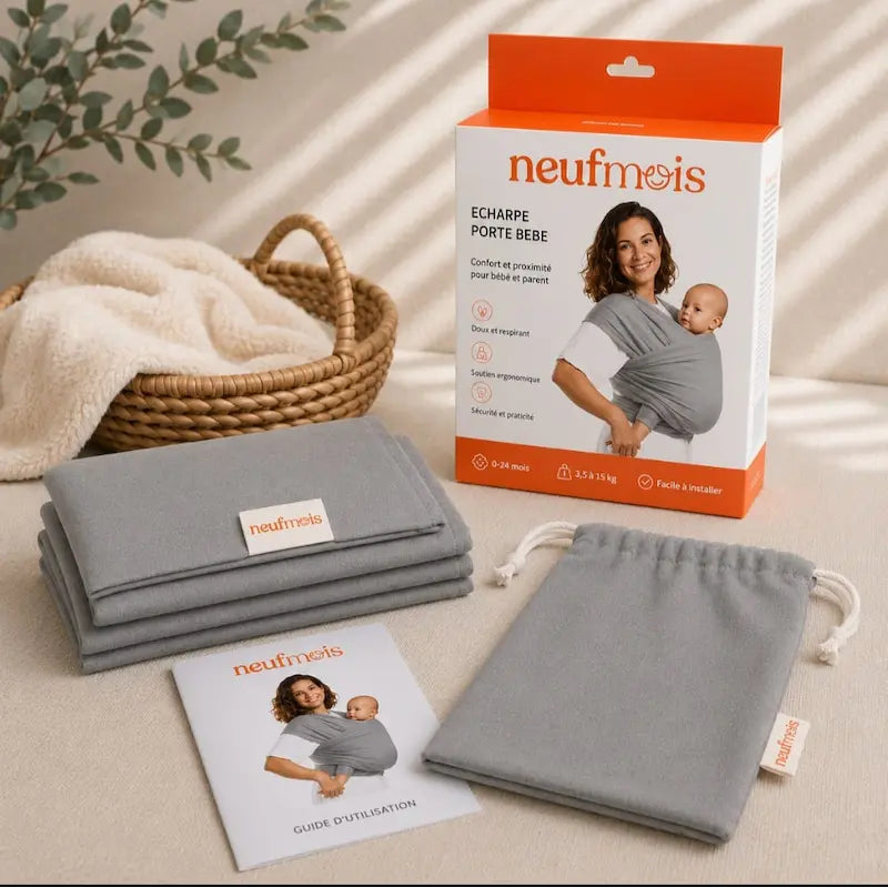 Echarpe de portage ergonomique Neufmois beige en coton doux avec son sac de transport et son guide d'utilisation.