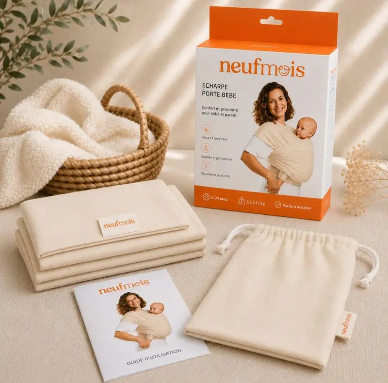 Echarpe de portage ergonomique Neufmois beige en coton doux avec son sac de transport et son guide d'utilisation.