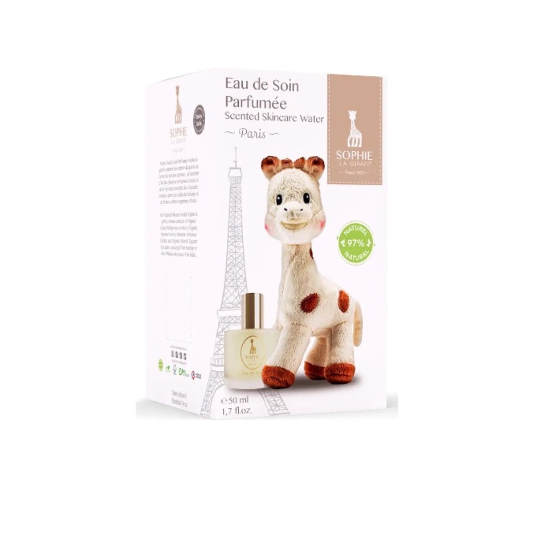 Coffret Eau de Soin parfumee Sophie la Girafe 50ml et peluche doudou pour bebe Maroc.