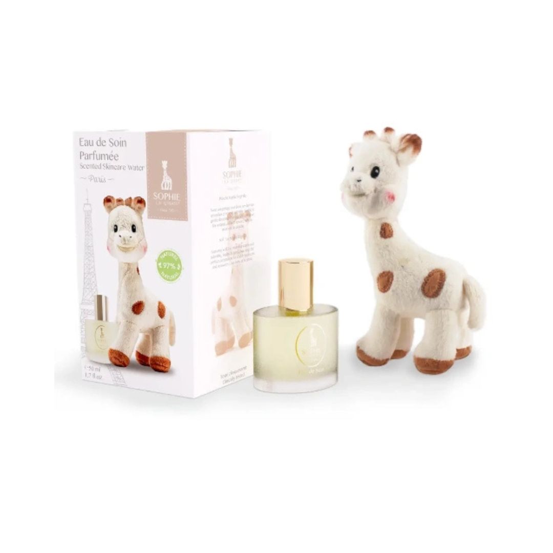 Coffret Eau de Soin parfumee Sophie la Girafe 50ml et peluche doudou pour bebe Maroc.