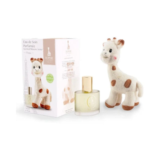 Coffret Eau de Soin parfumee Sophie la Girafe 50ml et peluche doudou pour bebe Maroc.