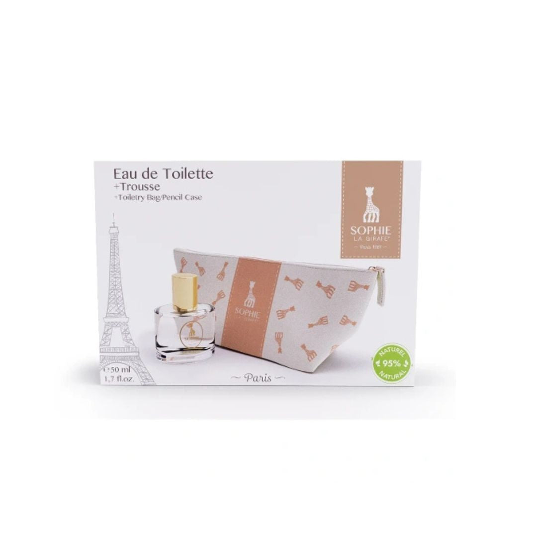 Coffret Eau de Toilette Sophie la Girafe et trousse rose parfum bebe haut de gamme Maroc.
