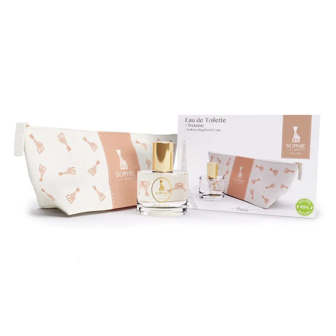 Coffret Eau de Toilette Sophie la Girafe et trousse rose parfum bebe haut de gamme Maroc.