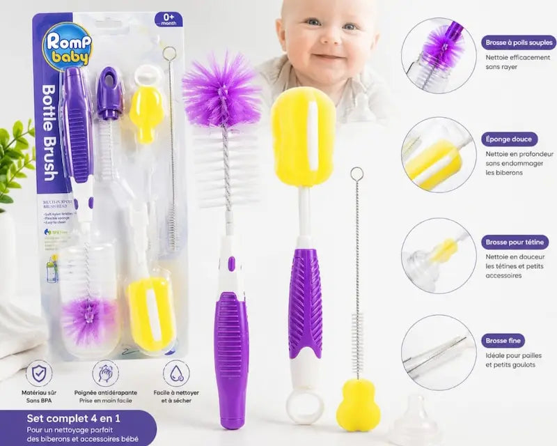 Ensemble de brosses et goupillons de nettoyage pour biberons et tétines de bébé avec manches blanc et violet