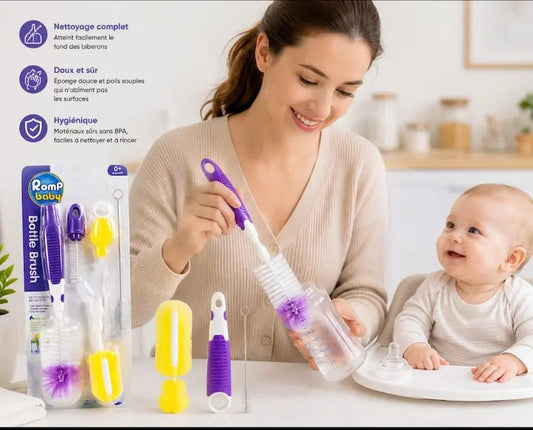 Ensemble de brosses et goupillons de nettoyage pour biberons et tétines de bébé avec manches blanc et violet