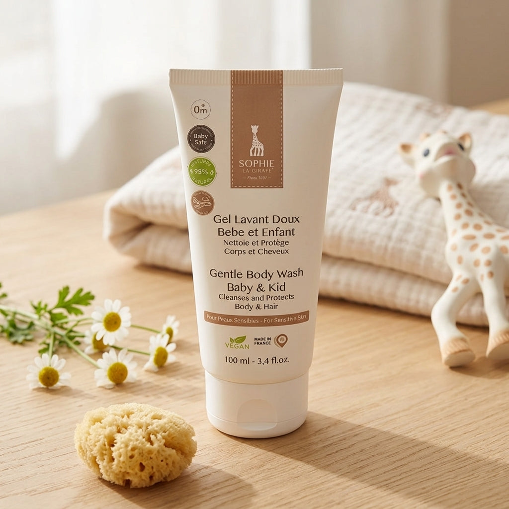 Tube 100ml gel lavant doux Sophie la Girafe corps et cheveux pour bébé format voyage.